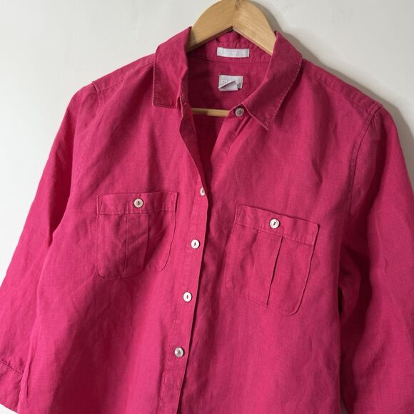 Chicos No-iron Linen Button down Tunic 3/4 Sleeve Sz 1 US 8 Coastal Lagenlook - Picture 3 of 11